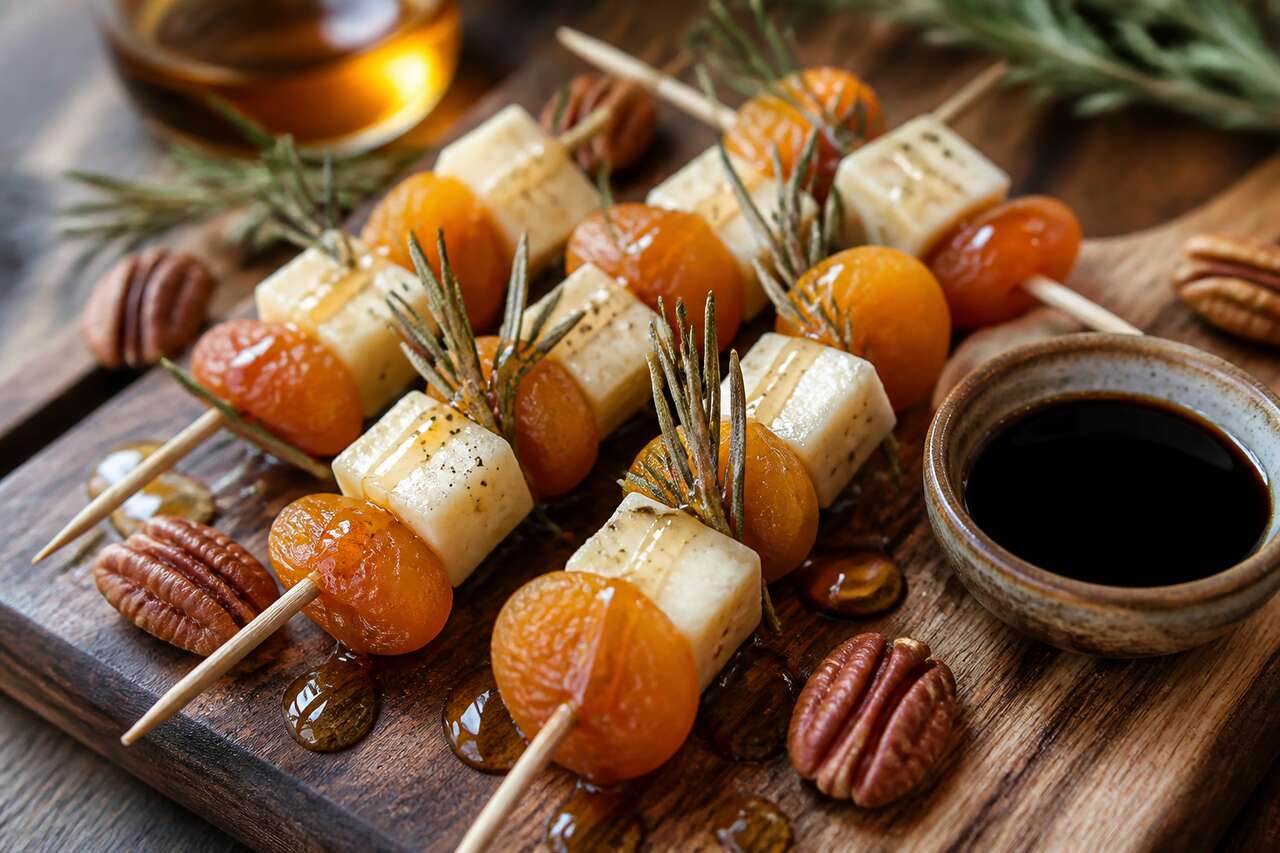 Brochettes apéro sucrées-salées : abricot, fromage et romarin