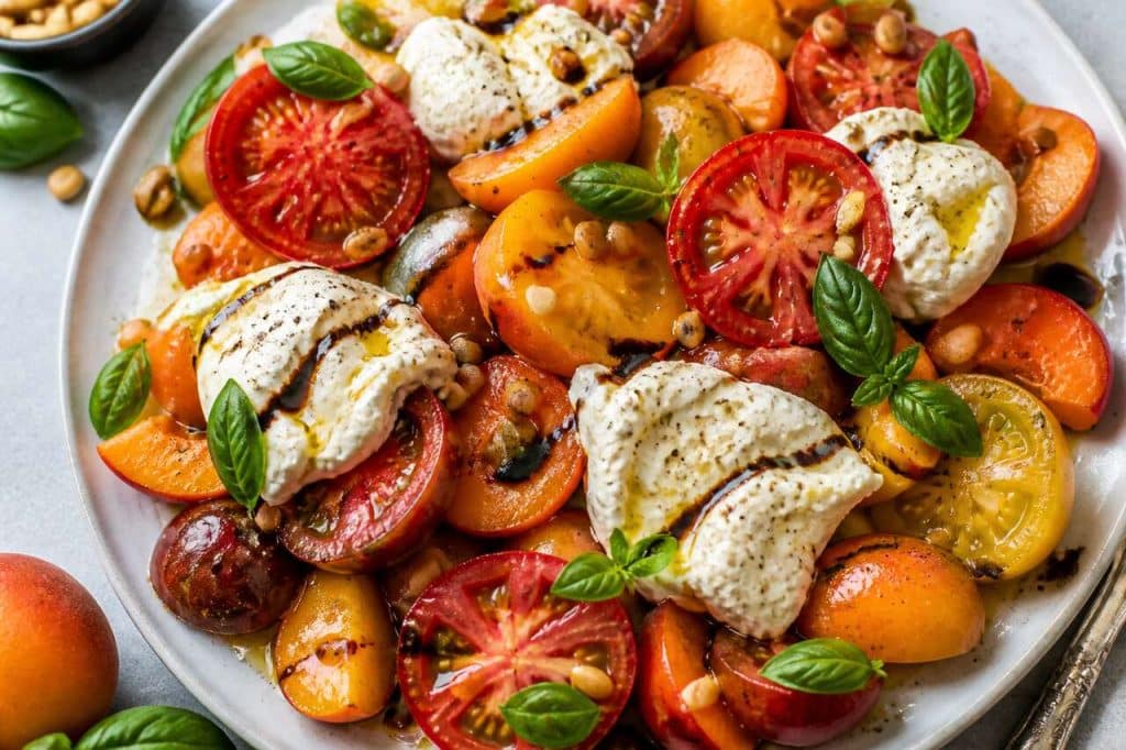 Salade estivale : tomates, abricots et burrata