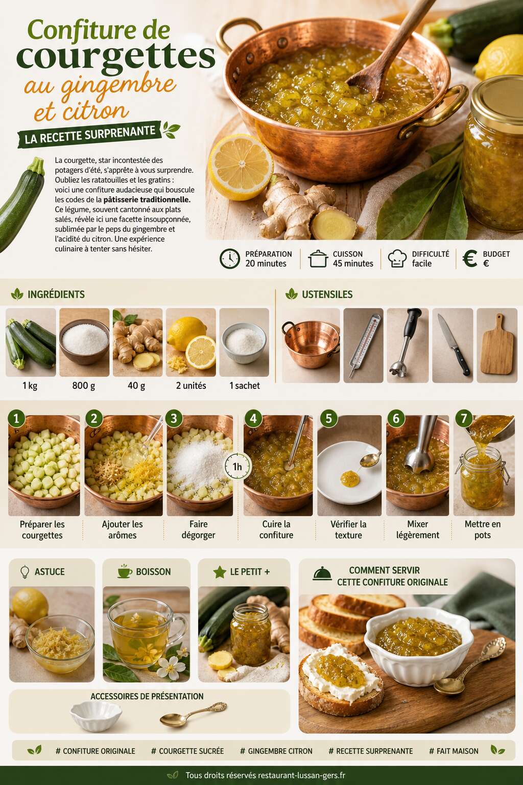 Fiche recette Confiture de courgettes au gingembre et citron : la recette surprenante