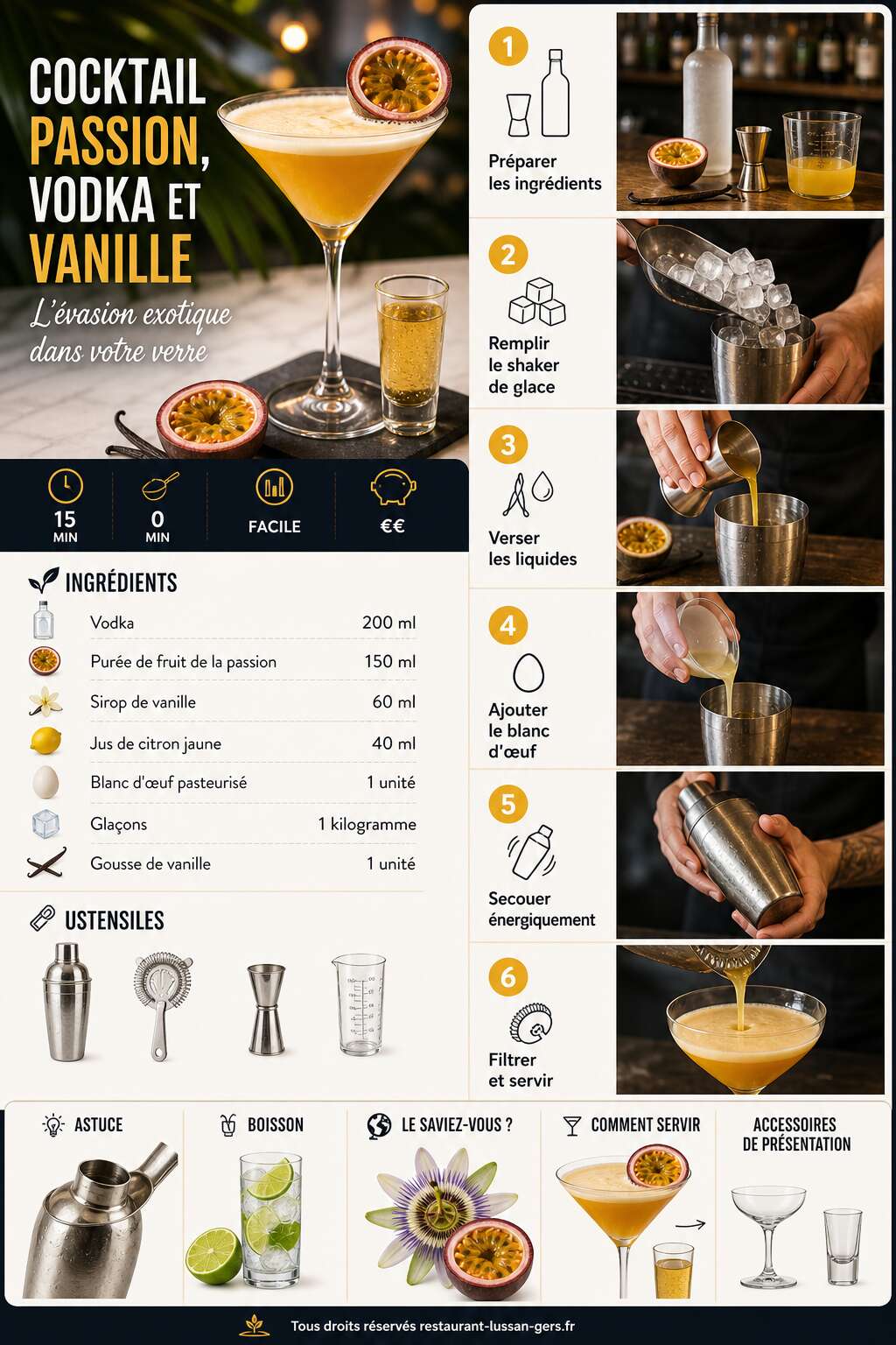 Fiche recette Cocktail passion, vodka et vanille : l'évasion exotique dans votre verre Fiche recette Cocktail passion, vodka et vanille : l'évasion exotique dans votre verre