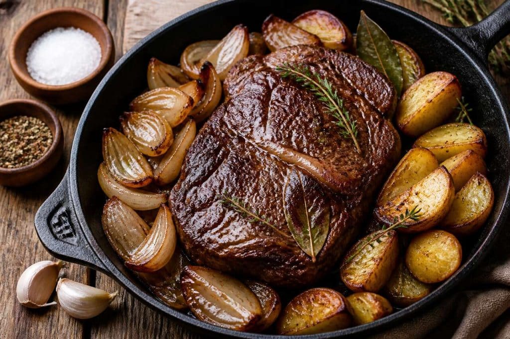 Basse côte de bœuf fondante aux oignons et pommes de terre