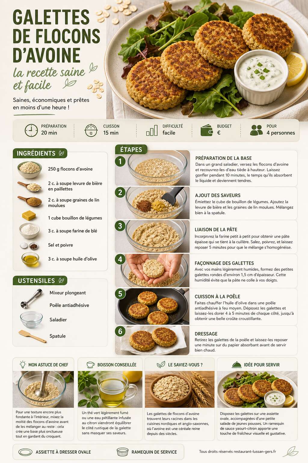 Fiche recette Galettes de flocons d'avoine : la recette saine et facile Fiche recette Galettes de flocons d'avoine : la recette saine et facile