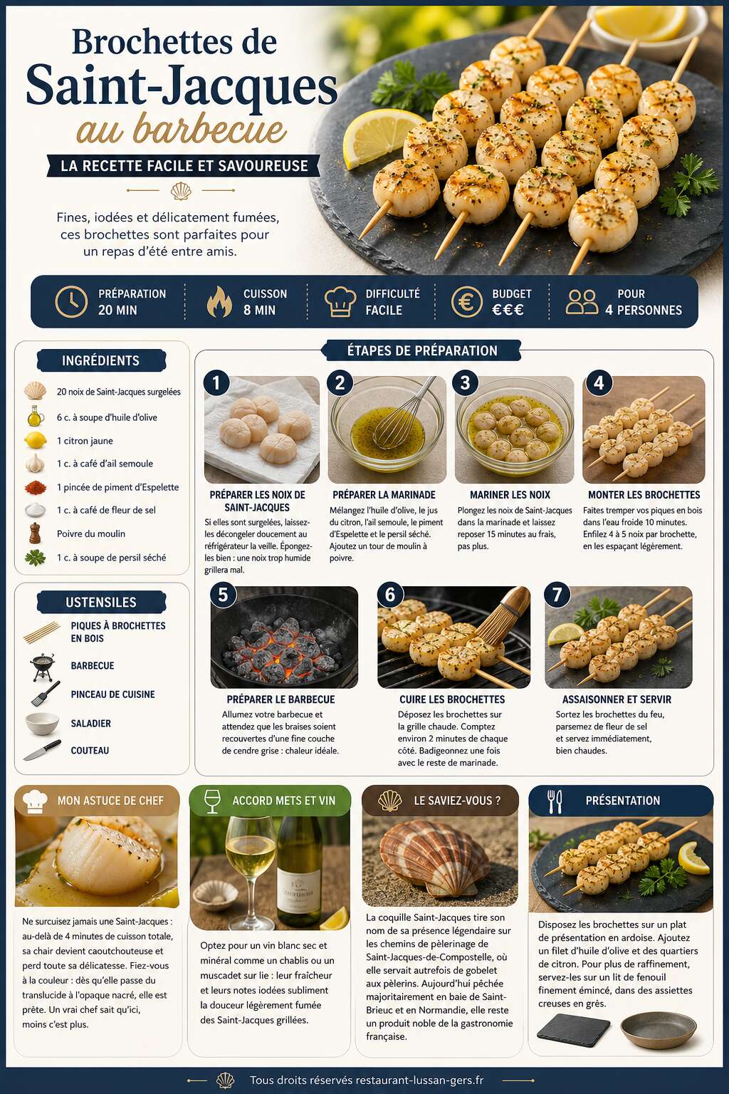 Fiche recette Brochettes de Saint-Jacques au barbecue : la recette facile et savoureuse