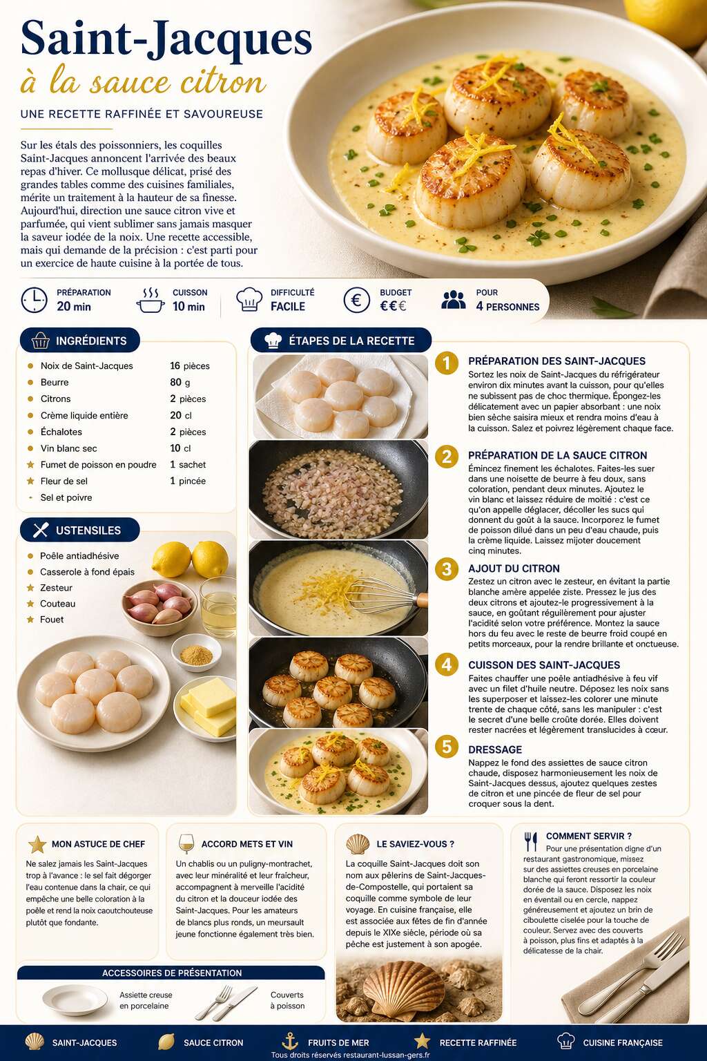 Fiche recette Saint-Jacques &agrave; la sauce citron : une recette raffin&eacute;e et savoureuse