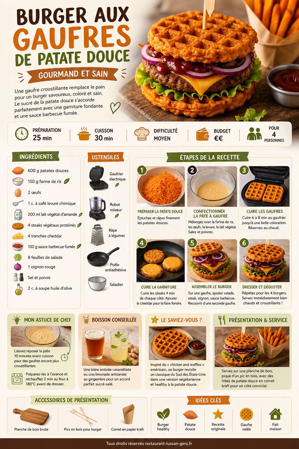 Fiche recette Burger aux gaufres de patate douce : gourmand et sain