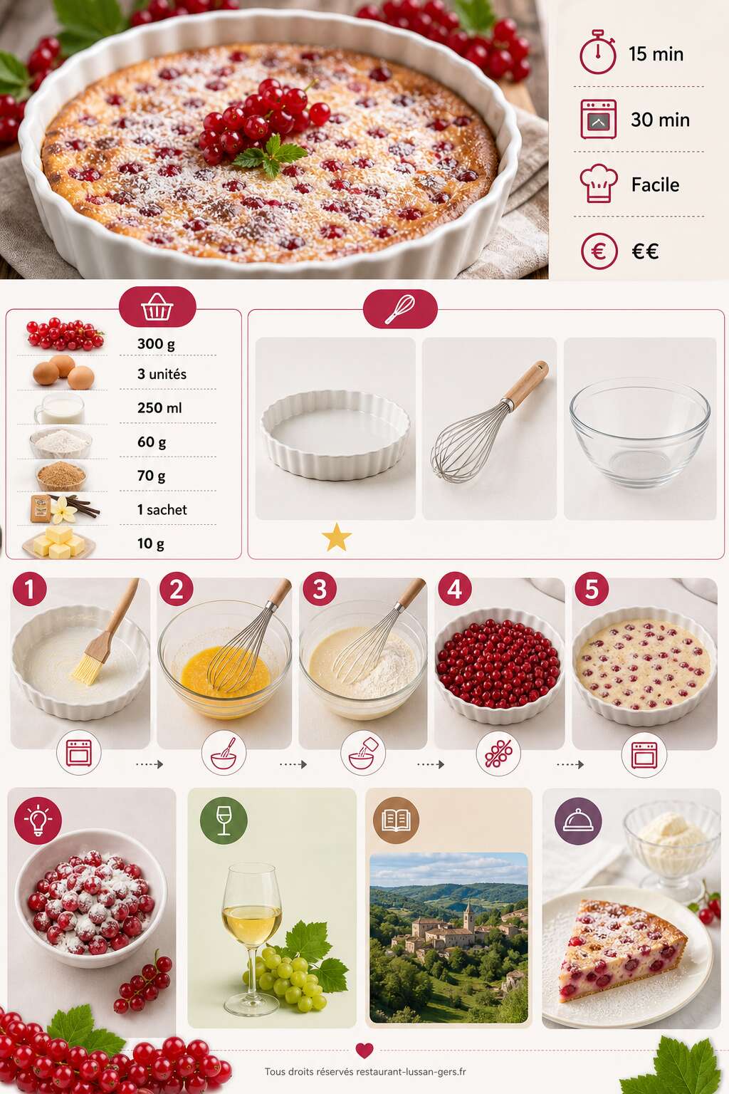 Fiche recette Clafoutis aux groseilles : la recette express et l&eacute;g&egrave;re