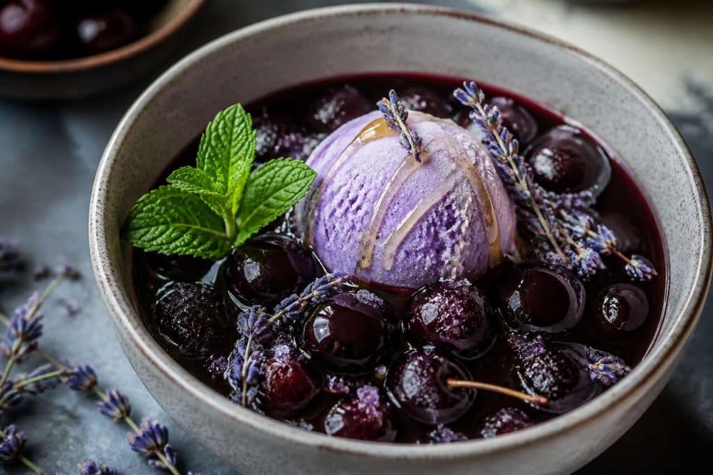 Soupe de cerises noires et glace à la lavande