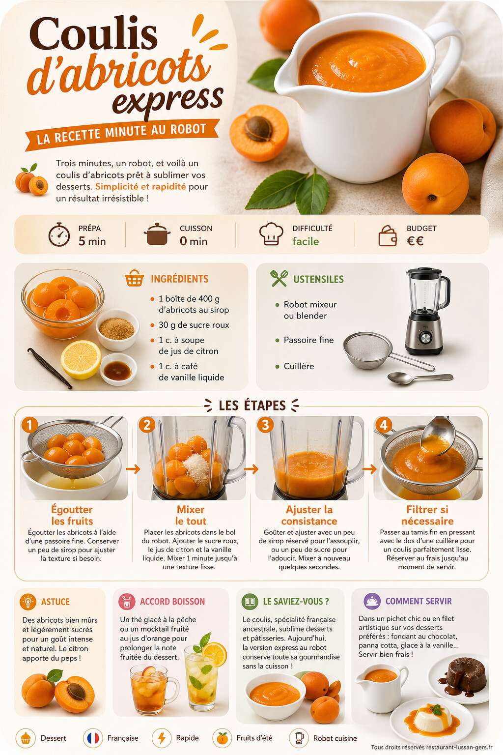Fiche recette Coulis d'abricots express : la recette minute au robot Fiche recette Coulis d'abricots express : la recette minute au robot