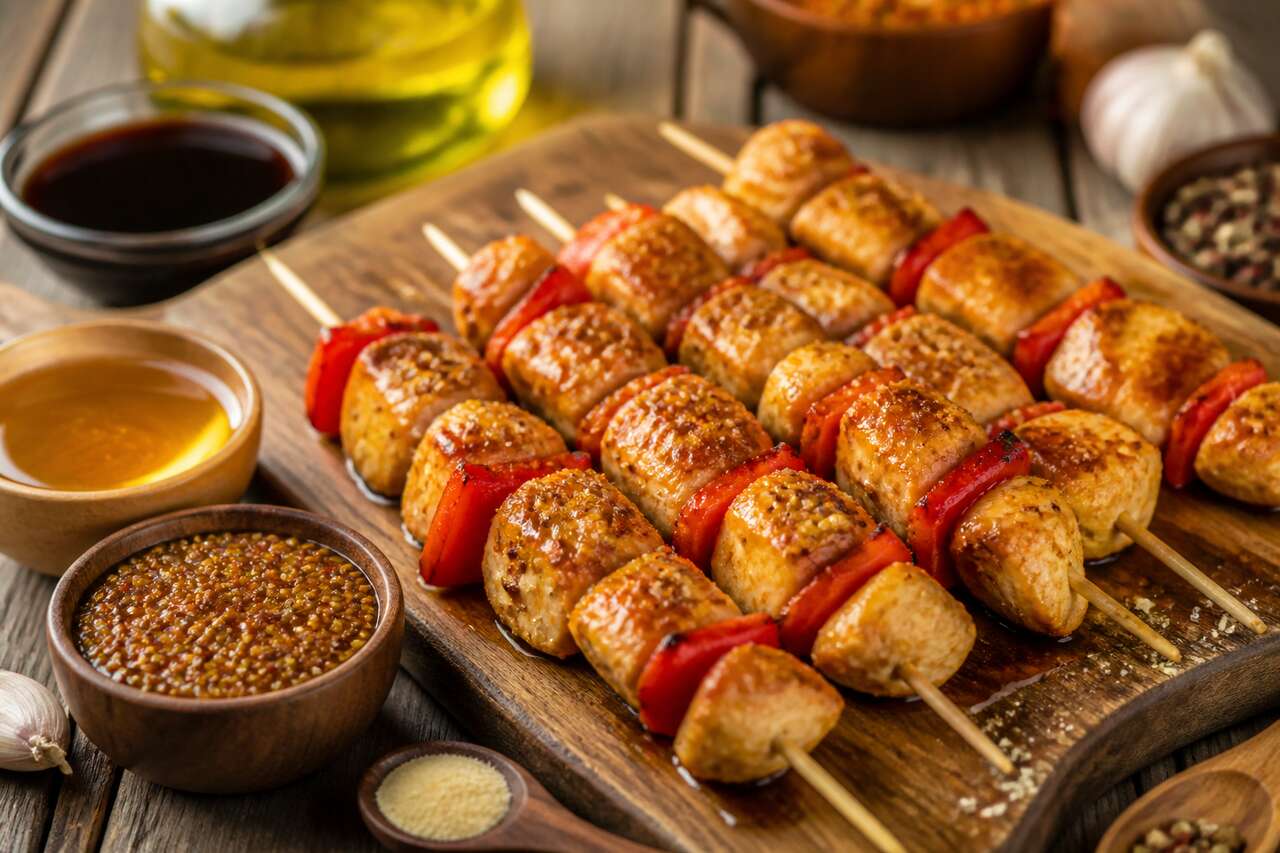 Brochettes de poulet marinées au miel et à la moutarde à l'ancienne