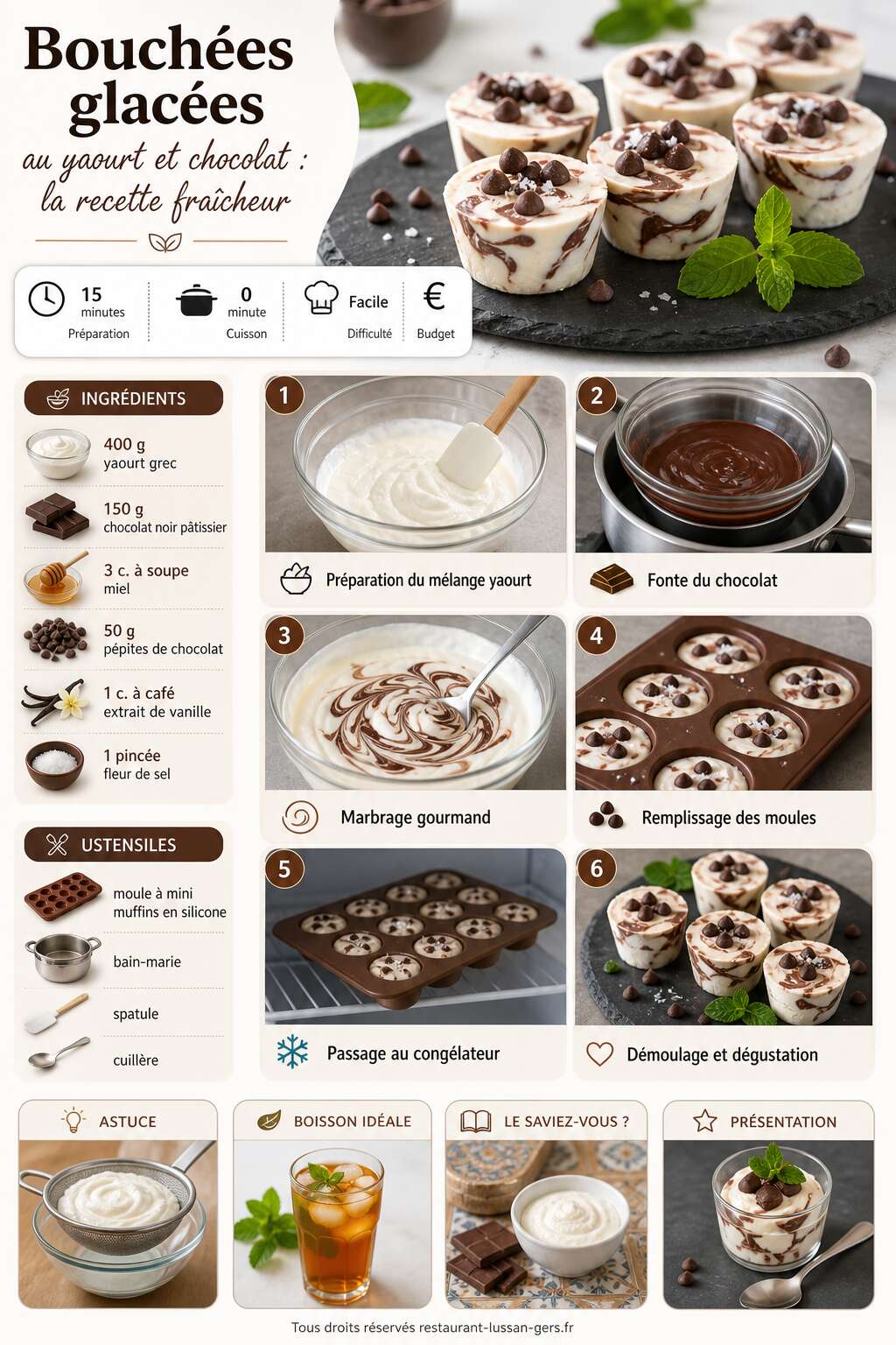 Fiche recette Bouchées glacées au yaourt et chocolat : la recette fraîcheur Fiche recette Bouchées glacées au yaourt et chocolat : la recette fraîcheur