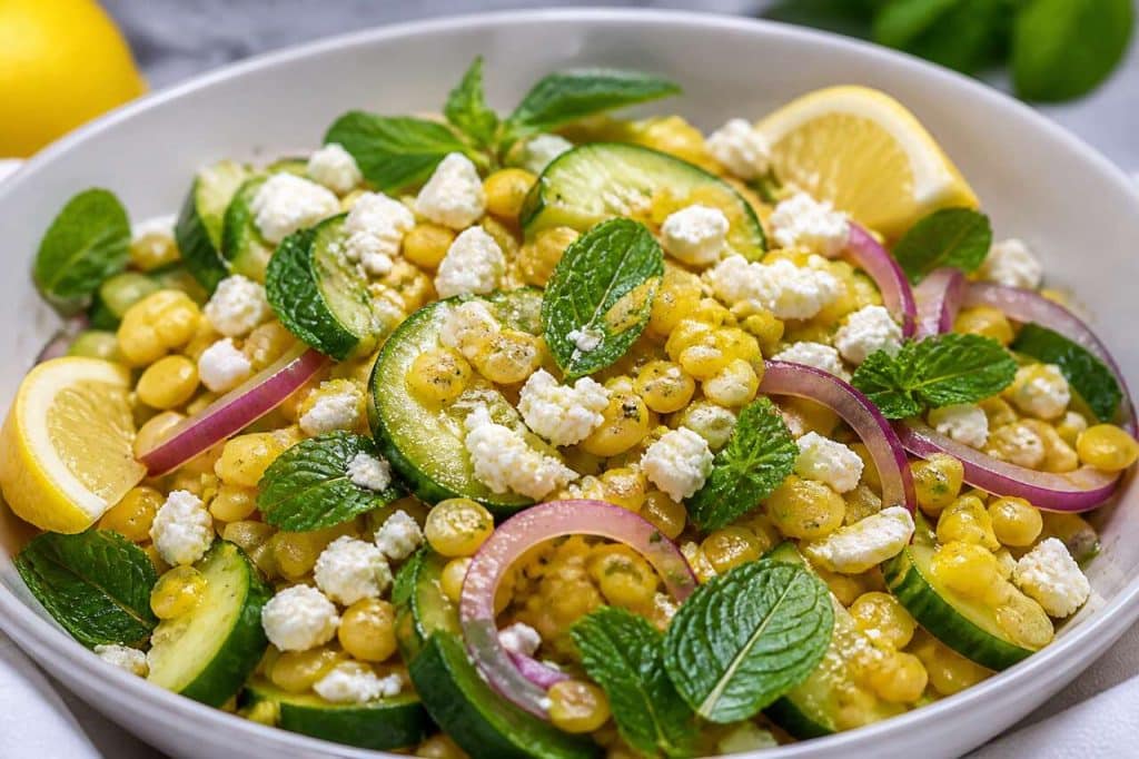 Salade fraîche de pois cassés, concombre et menthe
