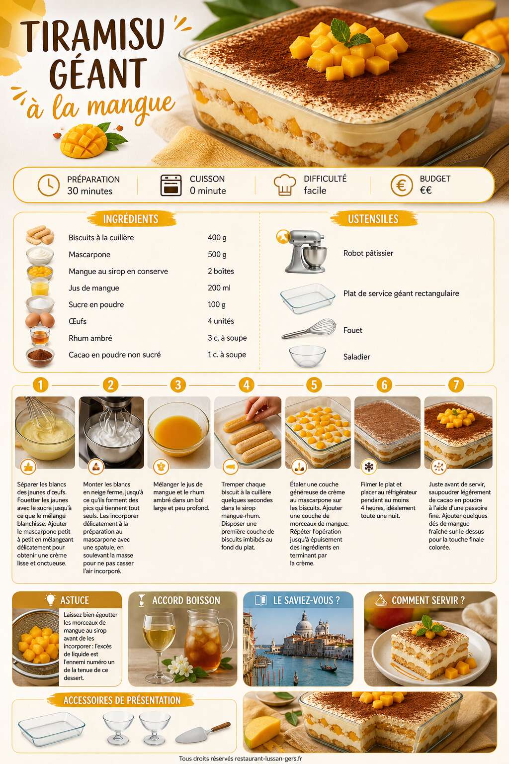 Fiche recette Tiramisu géant à la mangue : la recette ultra gourmande Fiche recette Tiramisu géant à la mangue : la recette ultra gourmande
