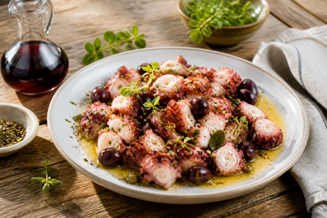 Salade hellénique : poulpe tiède aux herbes et huile d'olive