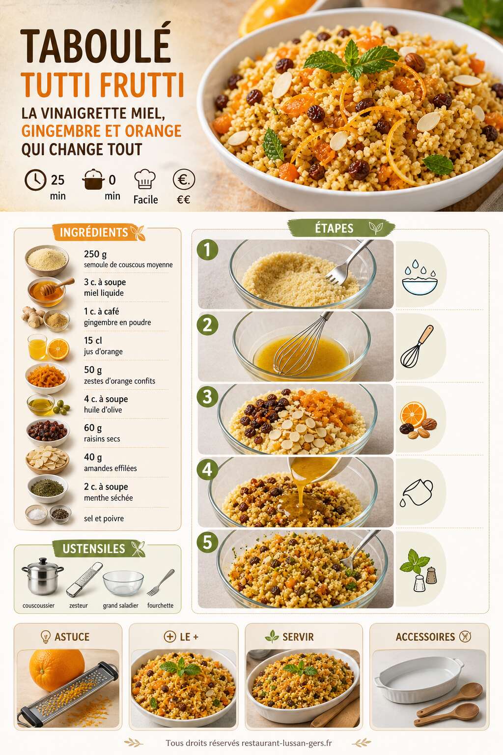 Fiche recette Taboulé tutti frutti : la vinaigrette miel, gingembre et orange qui change tout Fiche recette Taboulé tutti frutti : la vinaigrette miel, gingembre et orange qui change tout