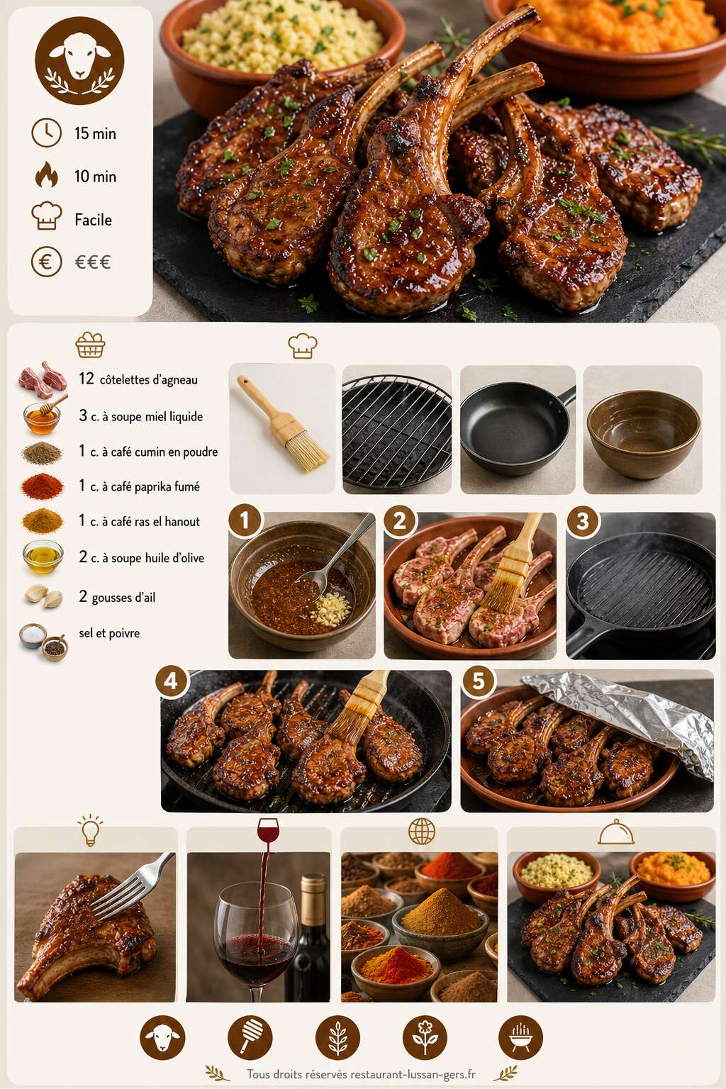 Fiche recette Côtelettes d'agneau grillées au miel et épices : recette facile Fiche recette Côtelettes d'agneau grillées au miel et épices : recette facile