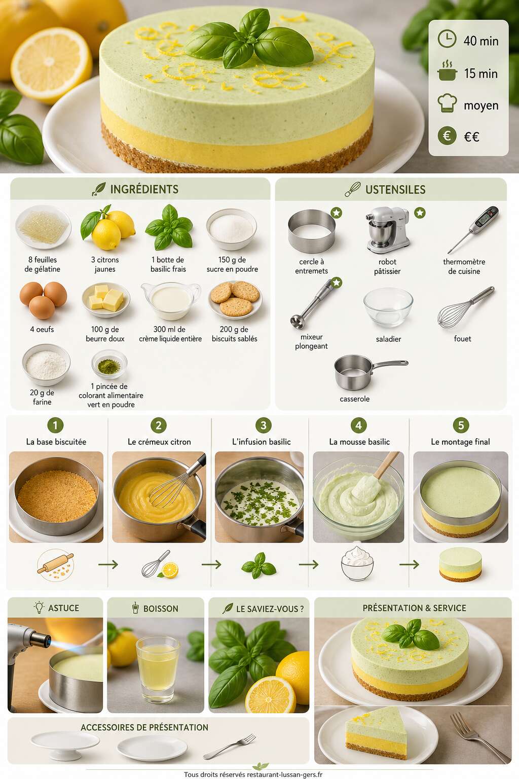 Fiche recette Entremets citron basilic : la recette d'un dessert frais et parfum&eacute;