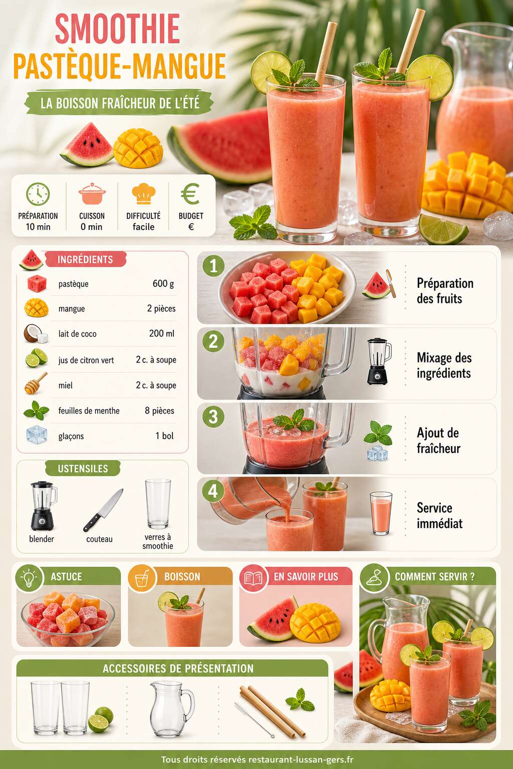 Fiche recette Smoothie pastèque-mangue : la boisson fraîcheur de l'été Fiche recette Smoothie pastèque-mangue : la boisson fraîcheur de l'été
