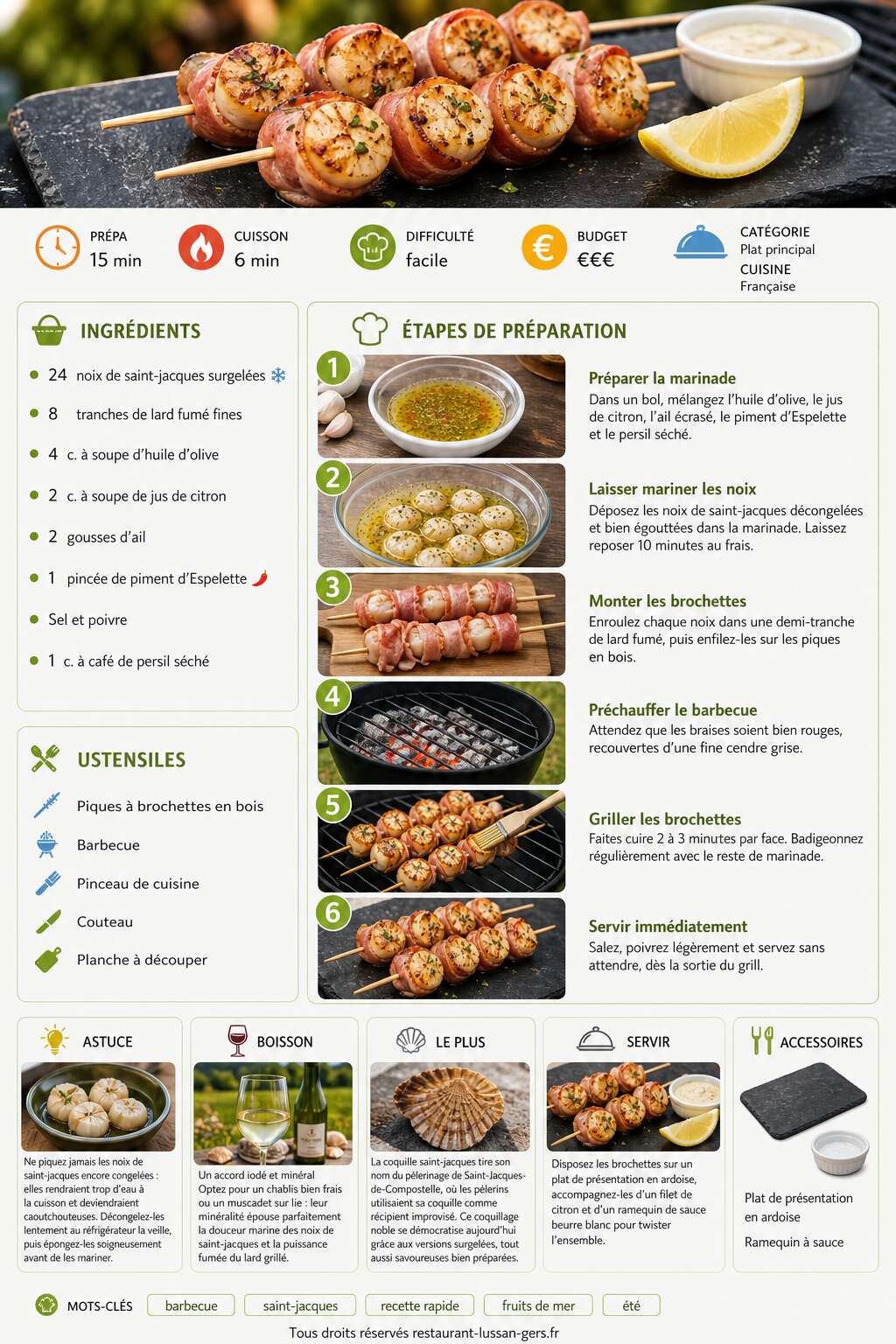 Fiche recette Brochettes de Saint-Jacques au barbecue : recette express et savoureuse