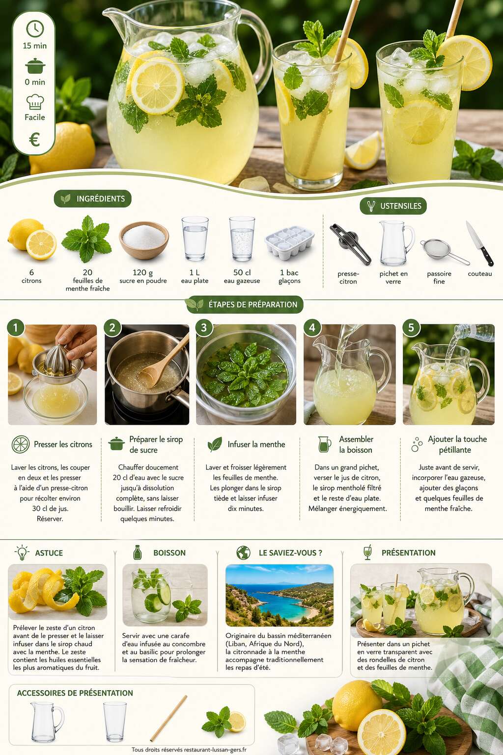 Fiche recette Citronnade maison &agrave; la menthe : la recette fra&icirc;cheur id&eacute;ale