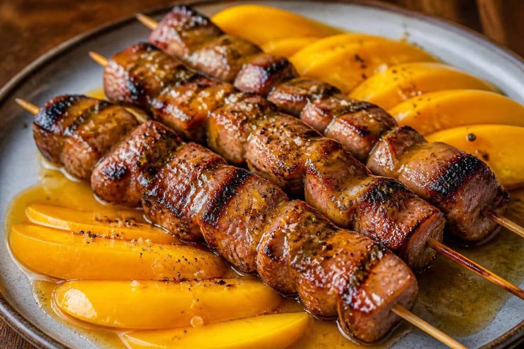 Brochettes de magret de canard, sauce miel et mangue