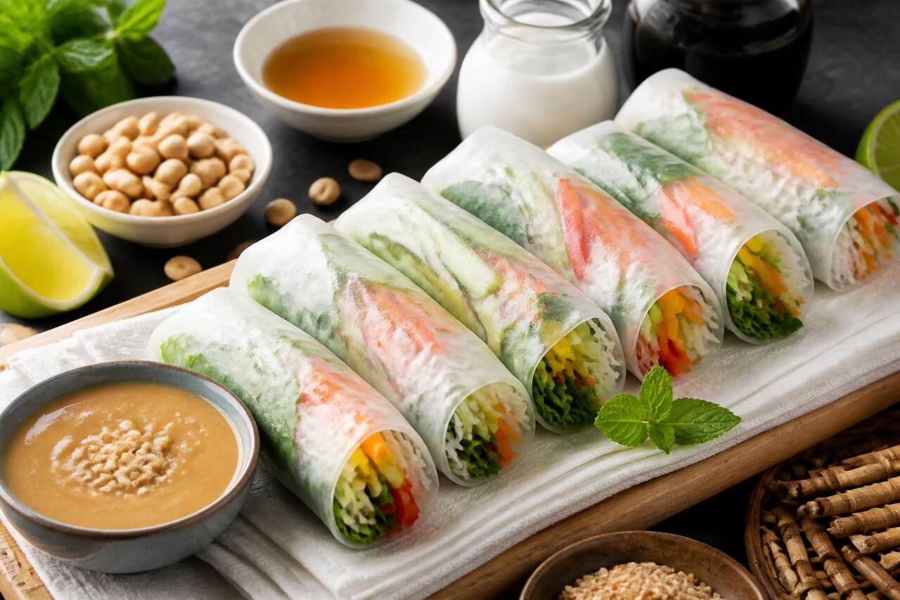 Rouleaux de printemps aux légumes et sauce cacahuète