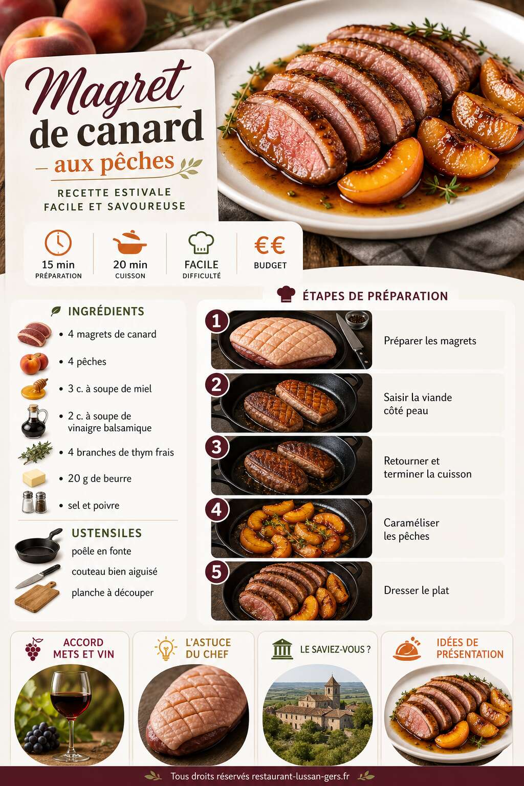 Fiche recette Magret de canard aux p&ecirc;ches : recette estivale facile et savoureuse