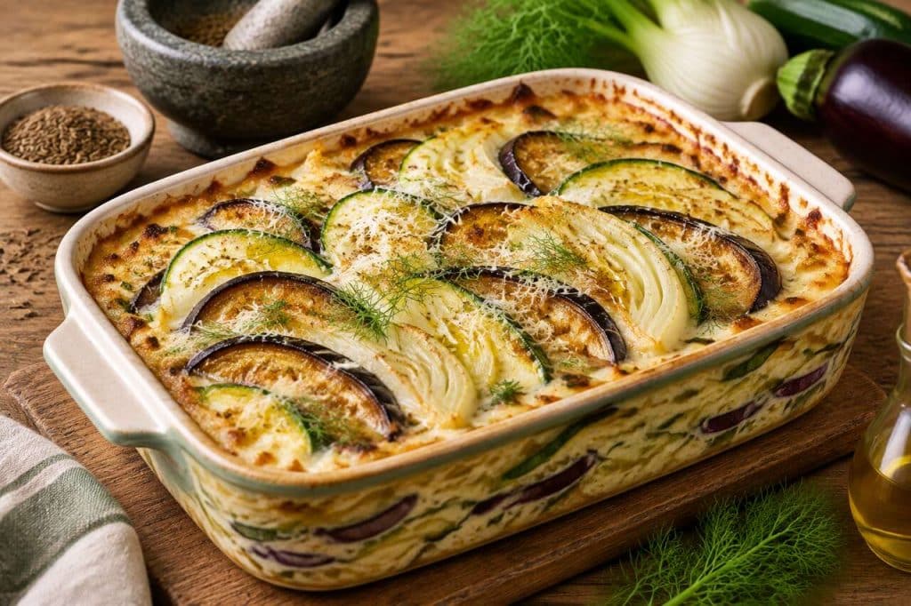 Gratin de fenouil, courgettes et aubergines à la crème de cumin
