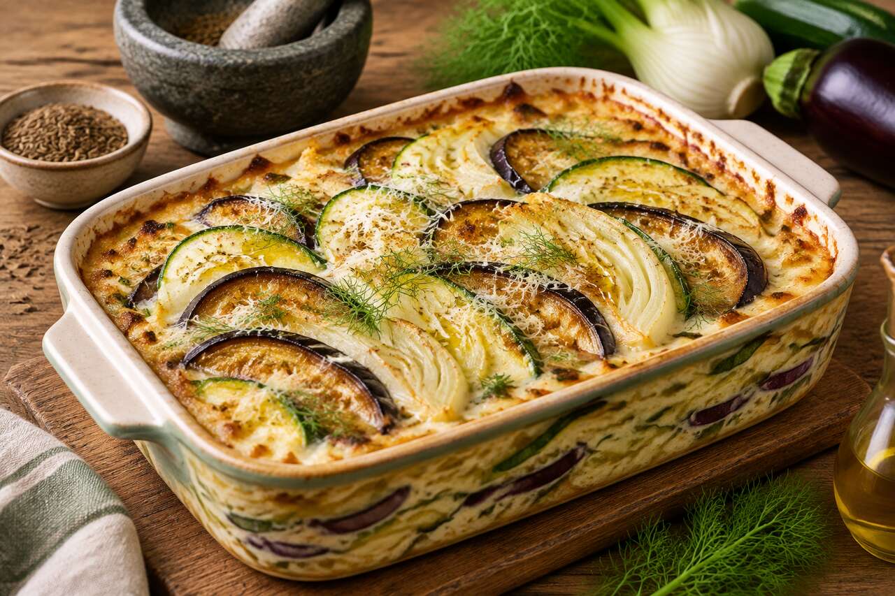 Gratin de fenouil, courgettes et aubergines à la crème de cumin