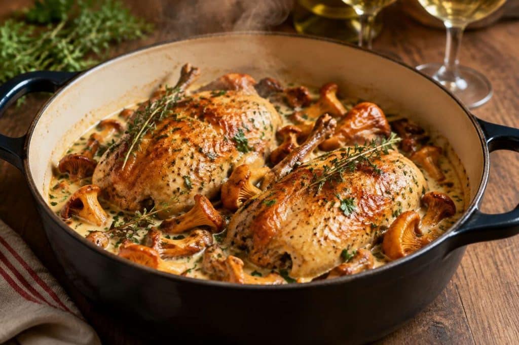 Coquelet en cocotte aux girolles et vin blanc