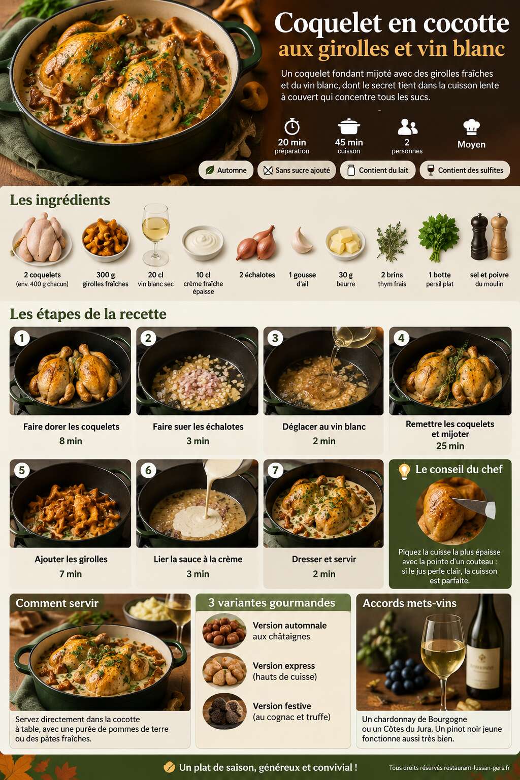 Fiche recette Coquelet en cocotte aux girolles et vin blanc