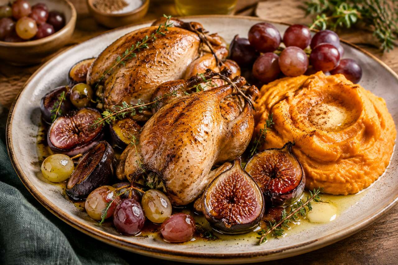 Cailles aux raisins et figues rôties, écrasé de patate douce