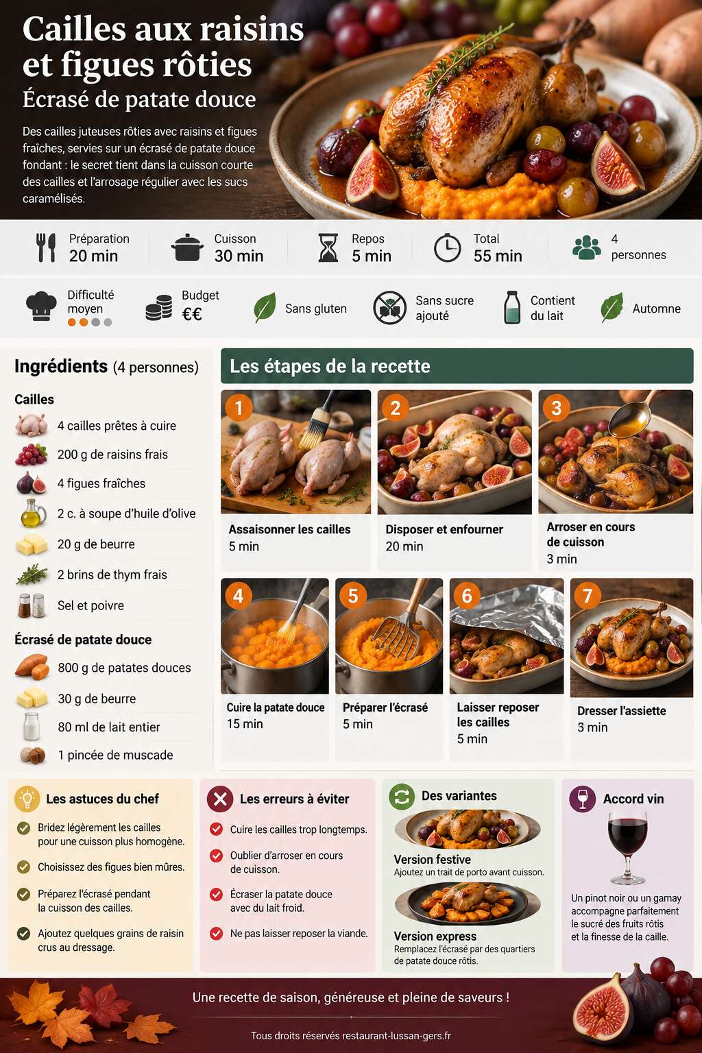 Fiche recette Cailles aux raisins et figues rôties, écrasé de patate douce Fiche recette Cailles aux raisins et figues rôties, écrasé de patate douce