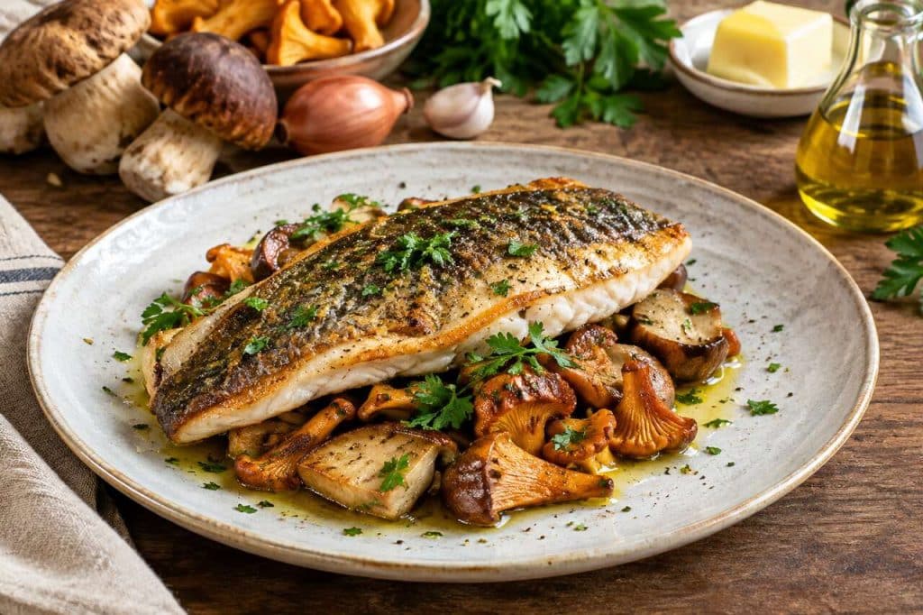 Filet de bar sauvage et sa poêlée de cèpes et oronges
