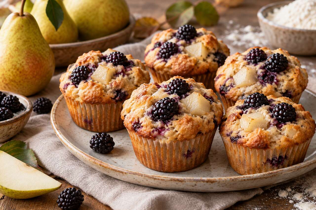 Muffins moelleux poire et mûres : la recette gourmande d'automne