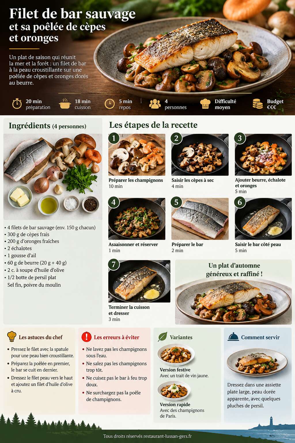 Fiche recette Filet de bar sauvage et sa poêlée de cèpes et oronges Fiche recette Filet de bar sauvage et sa poêlée de cèpes et oronges