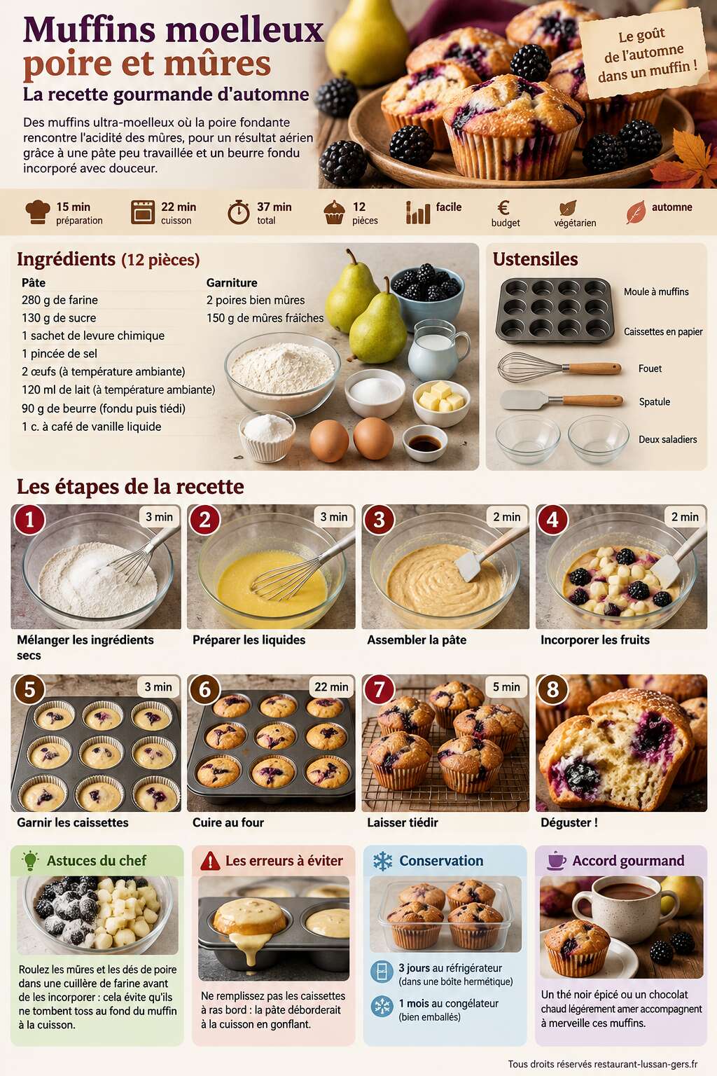 Fiche recette Muffins moelleux poire et mûres : la recette gourmande d'automne Fiche recette Muffins moelleux poire et mûres : la recette gourmande d'automne