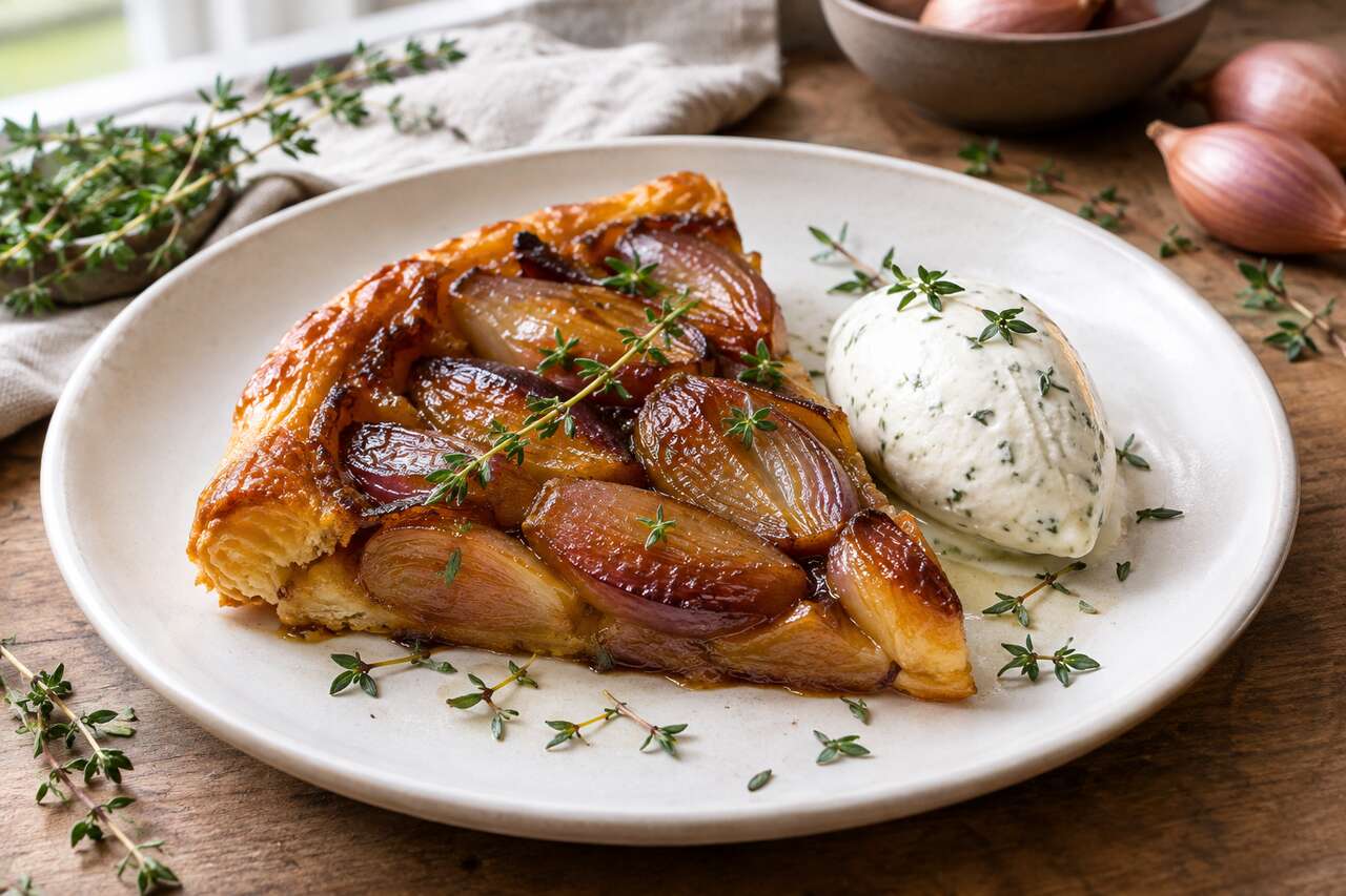 Tarte tatin d'échalotes et sa glace au thym
