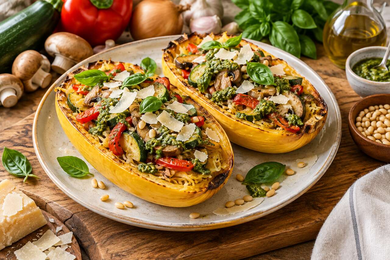 Courge spaghetti farcie aux légumes et pesto