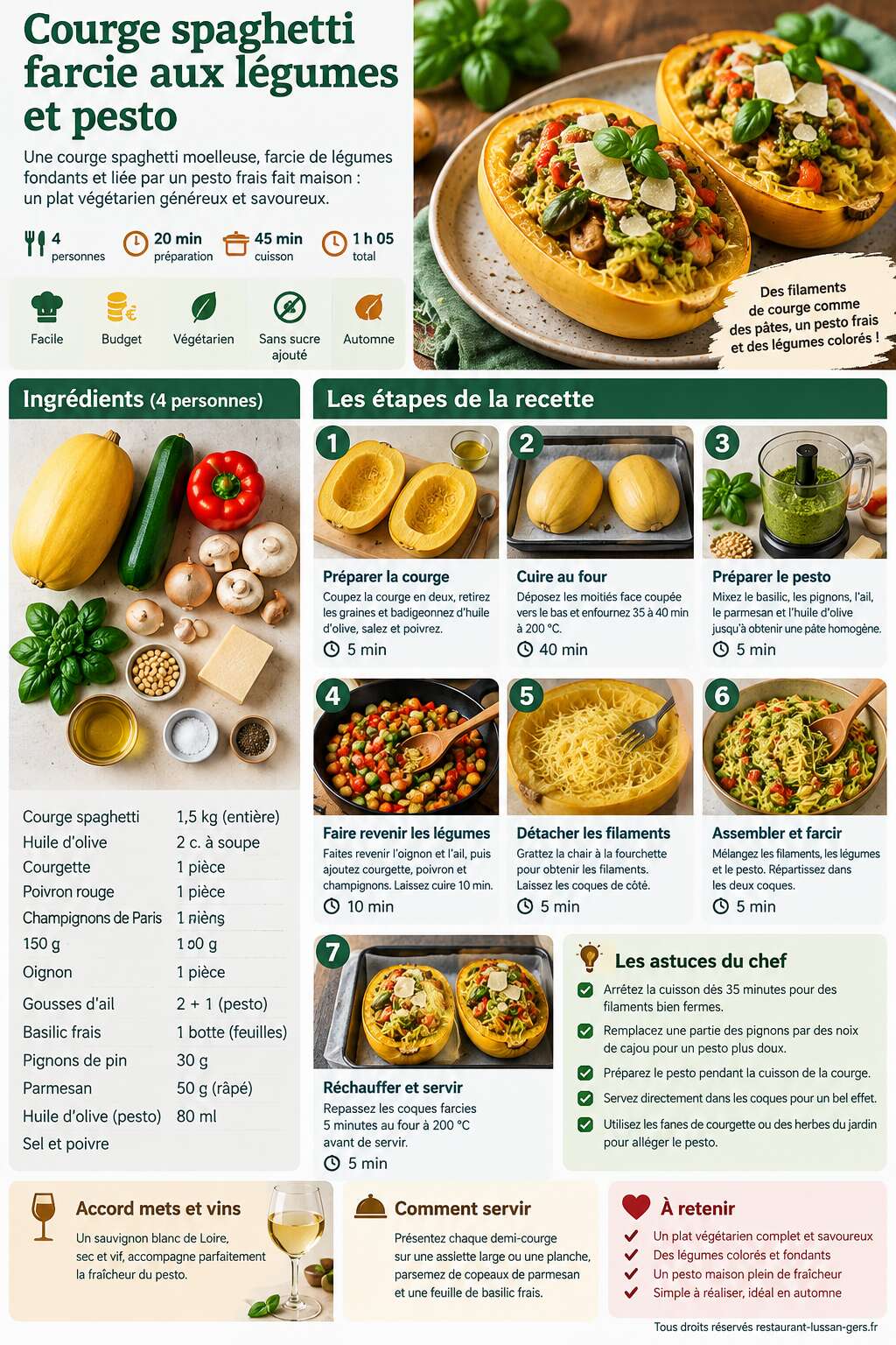 Fiche recette Courge spaghetti farcie aux l&eacute;gumes et pesto