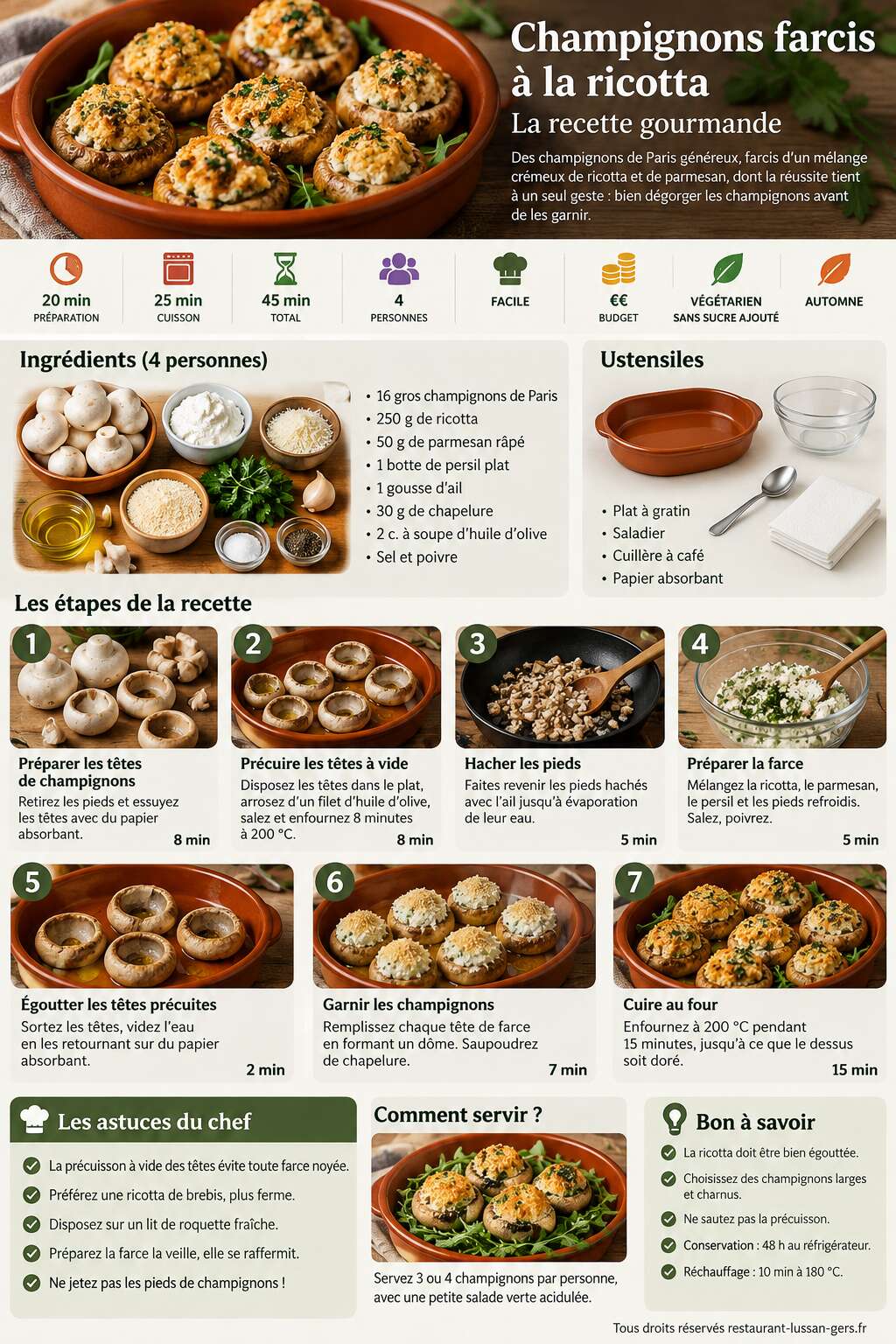 Fiche recette Champignons farcis à la ricotta : la recette gourmande Fiche recette Champignons farcis à la ricotta : la recette gourmande
