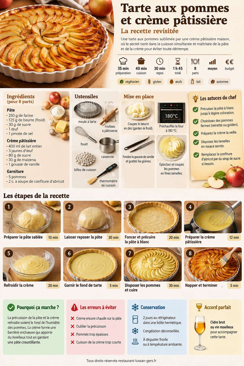 Fiche recette Tarte aux pommes et crème pâtissière : la recette revisitée Fiche recette Tarte aux pommes et crème pâtissière : la recette revisitée