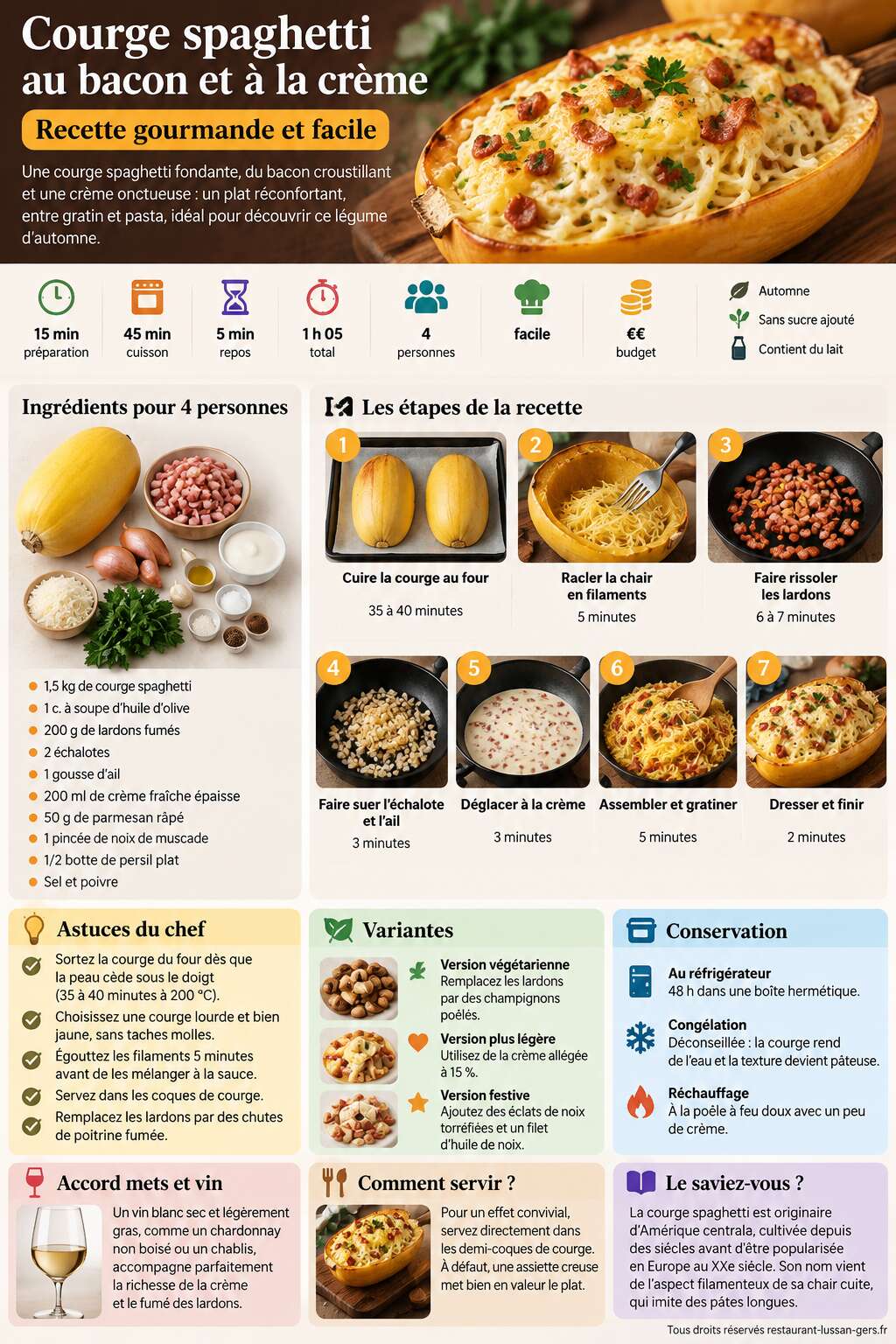 Fiche recette Courge spaghetti au bacon et &agrave; la cr&egrave;me : recette gourmande et facile