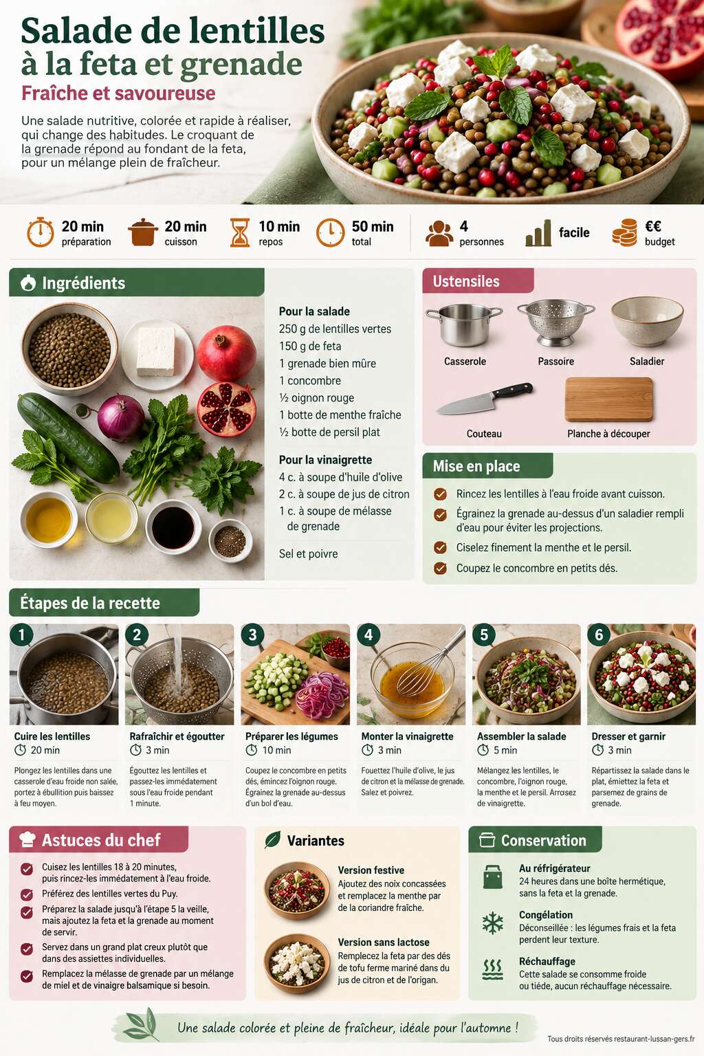 Fiche recette Salade de lentilles à la feta et grenade : fraîche et savoureuse Fiche recette Salade de lentilles à la feta et grenade : fraîche et savoureuse