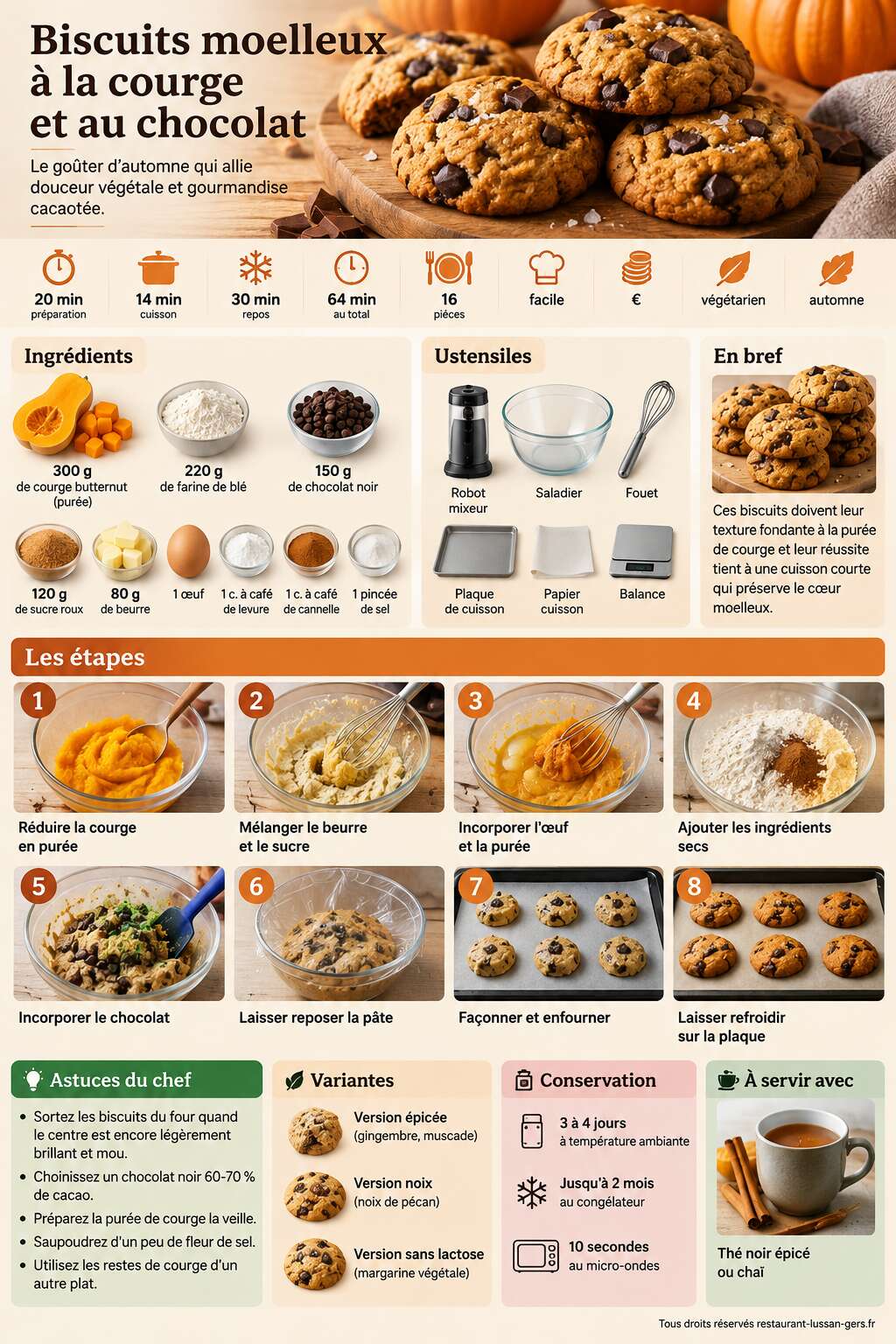 Fiche recette Biscuits moelleux &agrave; la courge et au chocolat