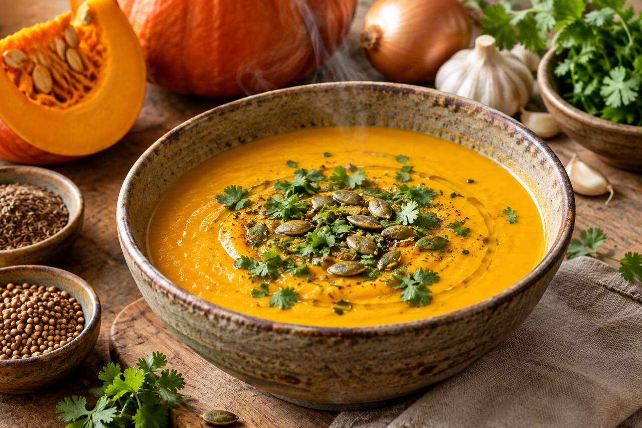 Velouté de citrouille bio au cumin et à la coriandre