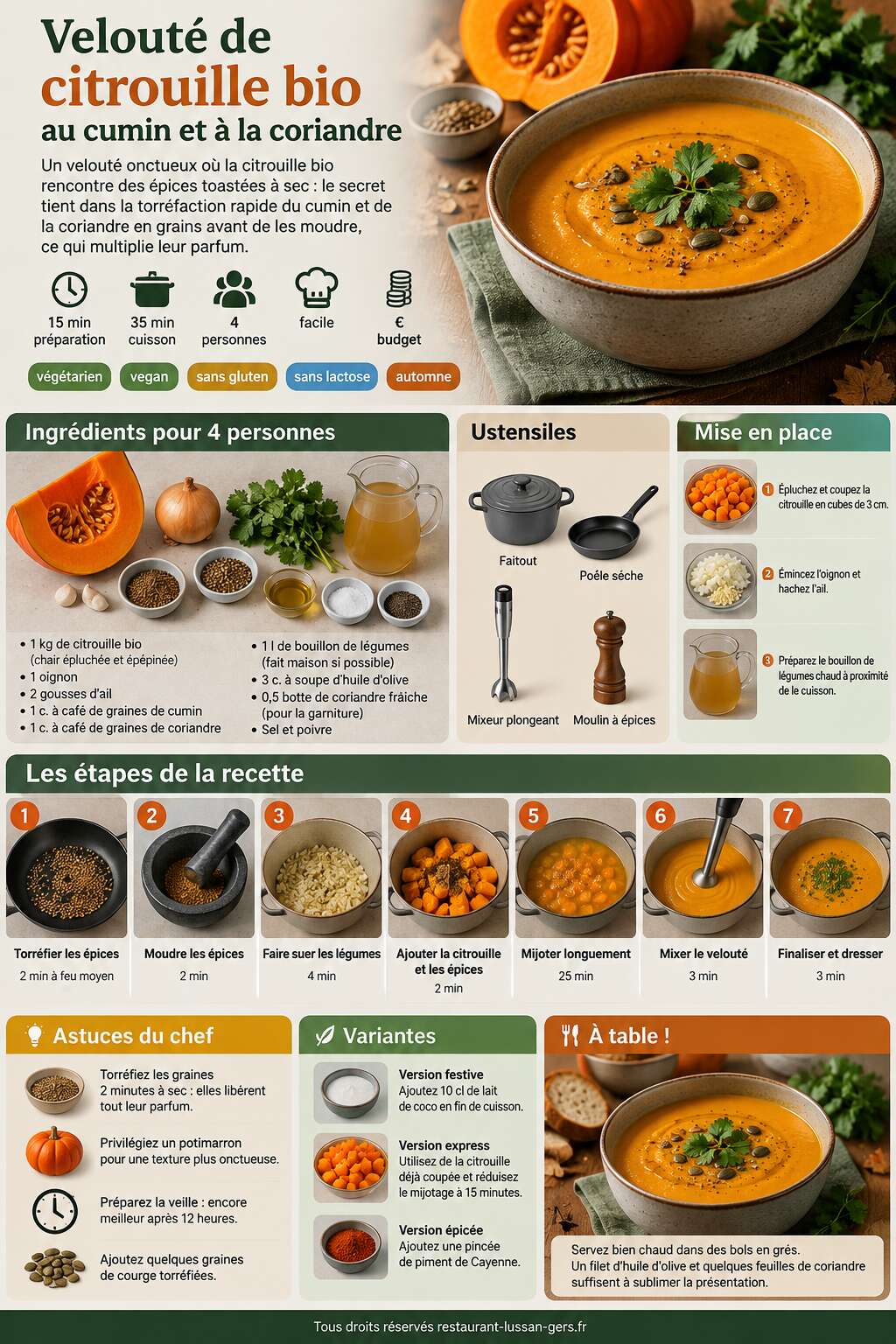 Fiche recette Velouté de citrouille bio au cumin et à la coriandre Fiche recette Velouté de citrouille bio au cumin et à la coriandre