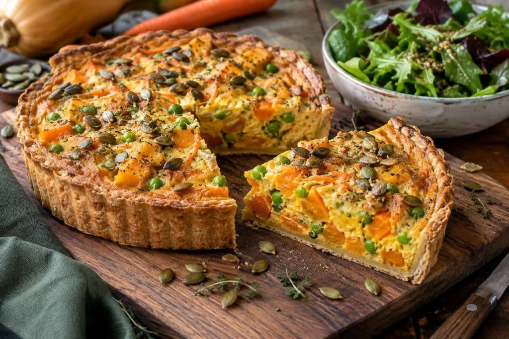 Quiche vegan à la courge, carotte et pois : recette healthy et gourmande