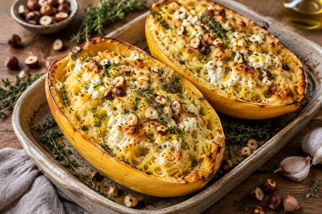Courge spaghetti farcie au chèvre frais : recette gourmande et légère