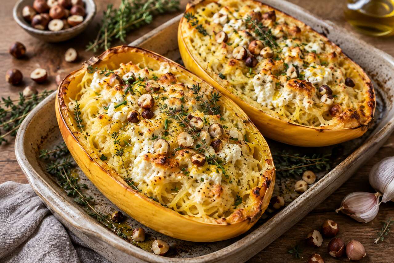 Courge spaghetti farcie au chèvre frais : recette gourmande et légère
