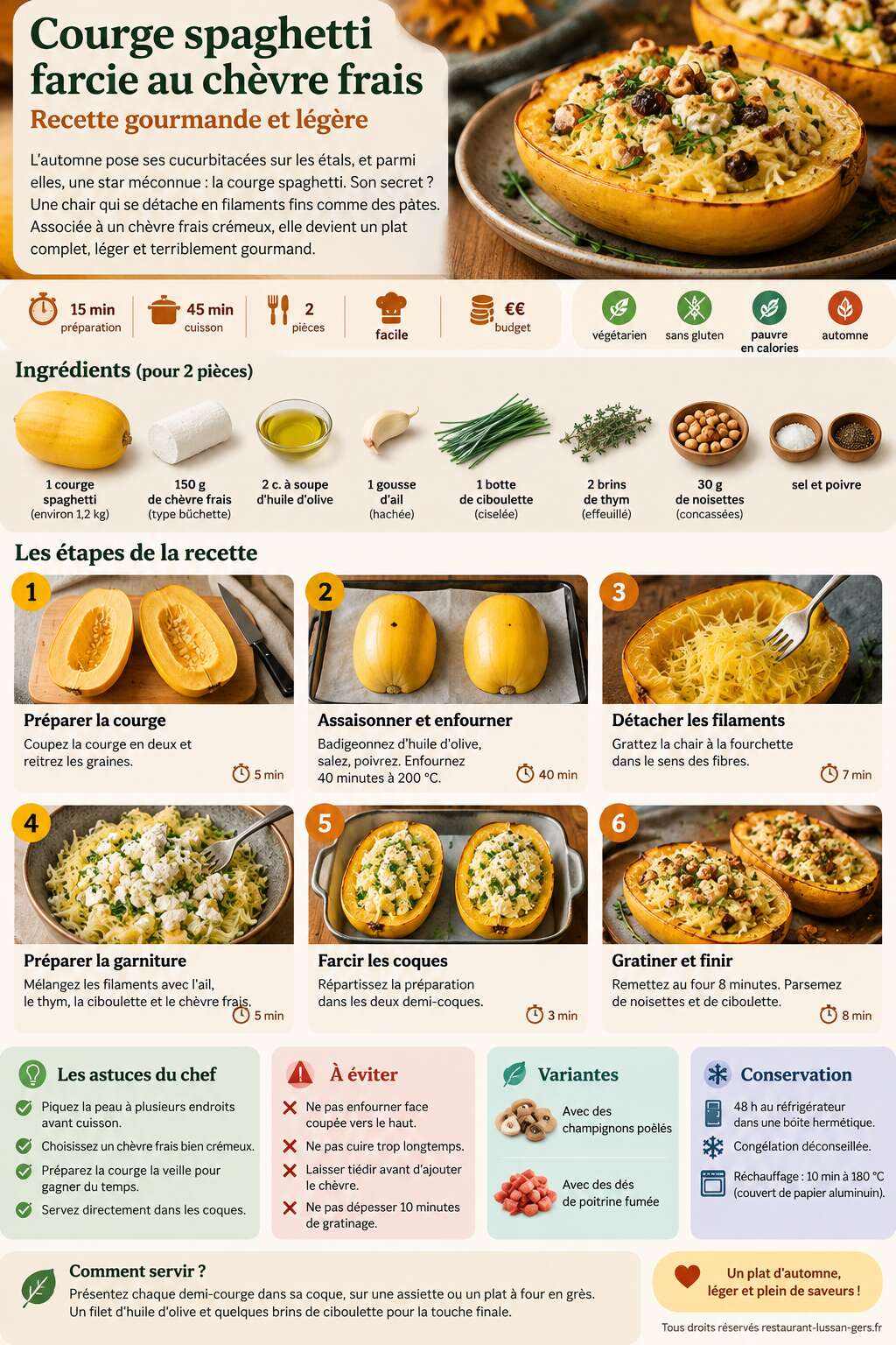 Fiche recette Courge spaghetti farcie au chèvre frais : recette gourmande et légère Fiche recette Courge spaghetti farcie au chèvre frais : recette gourmande et légère